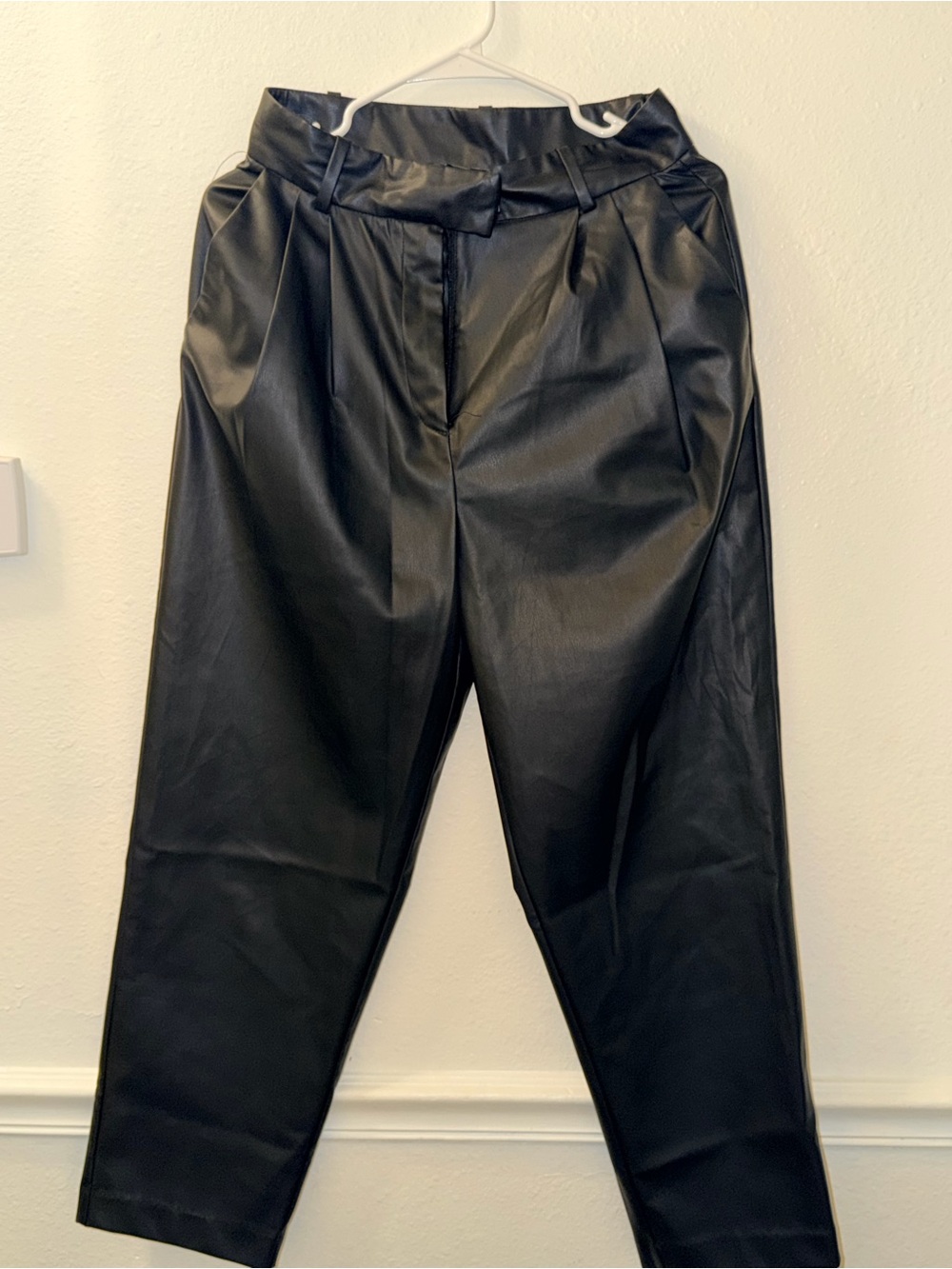 H&M Black Faux Leather High-Waist Pleated Tapered Pants